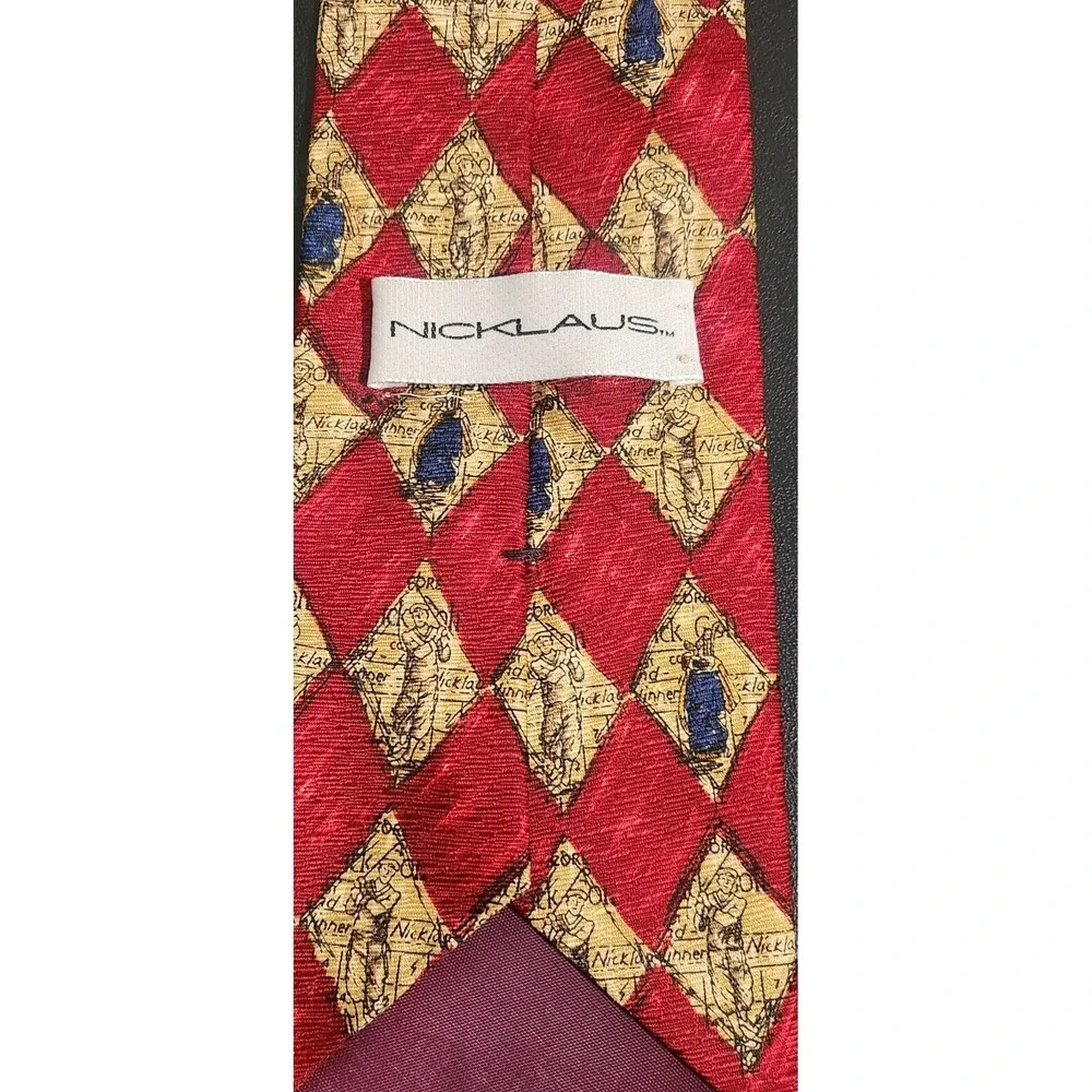 Nicklaus Golf Tie Red Gold‎ Diamond Pattern 56.5